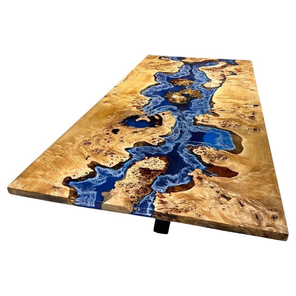 Live Edge Walnut Epoxy River Table Top – Handmade Blue Resin Luxury Slab