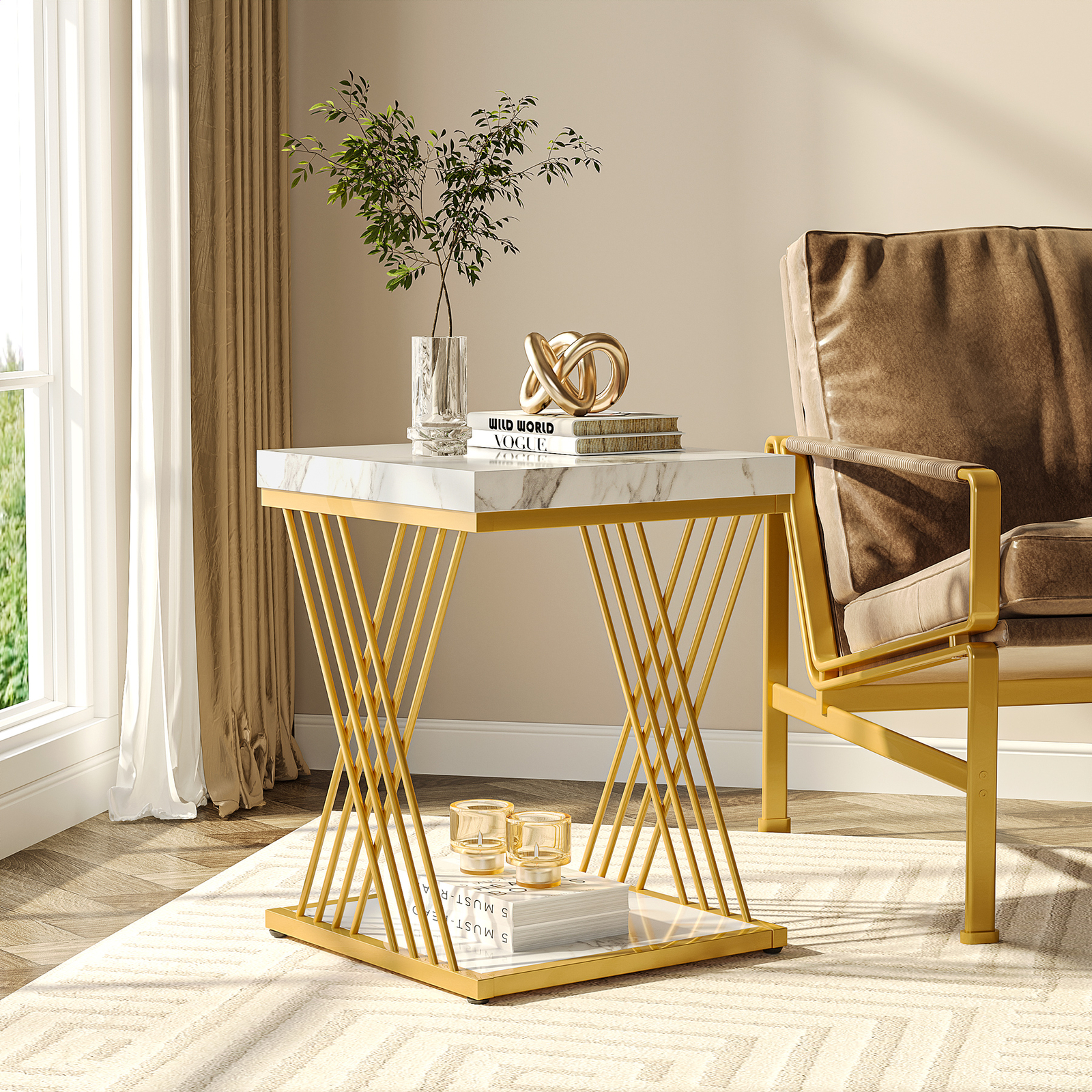 Tribesigns White Gold Modern Square End Table, Faux Marble Accent Side Table