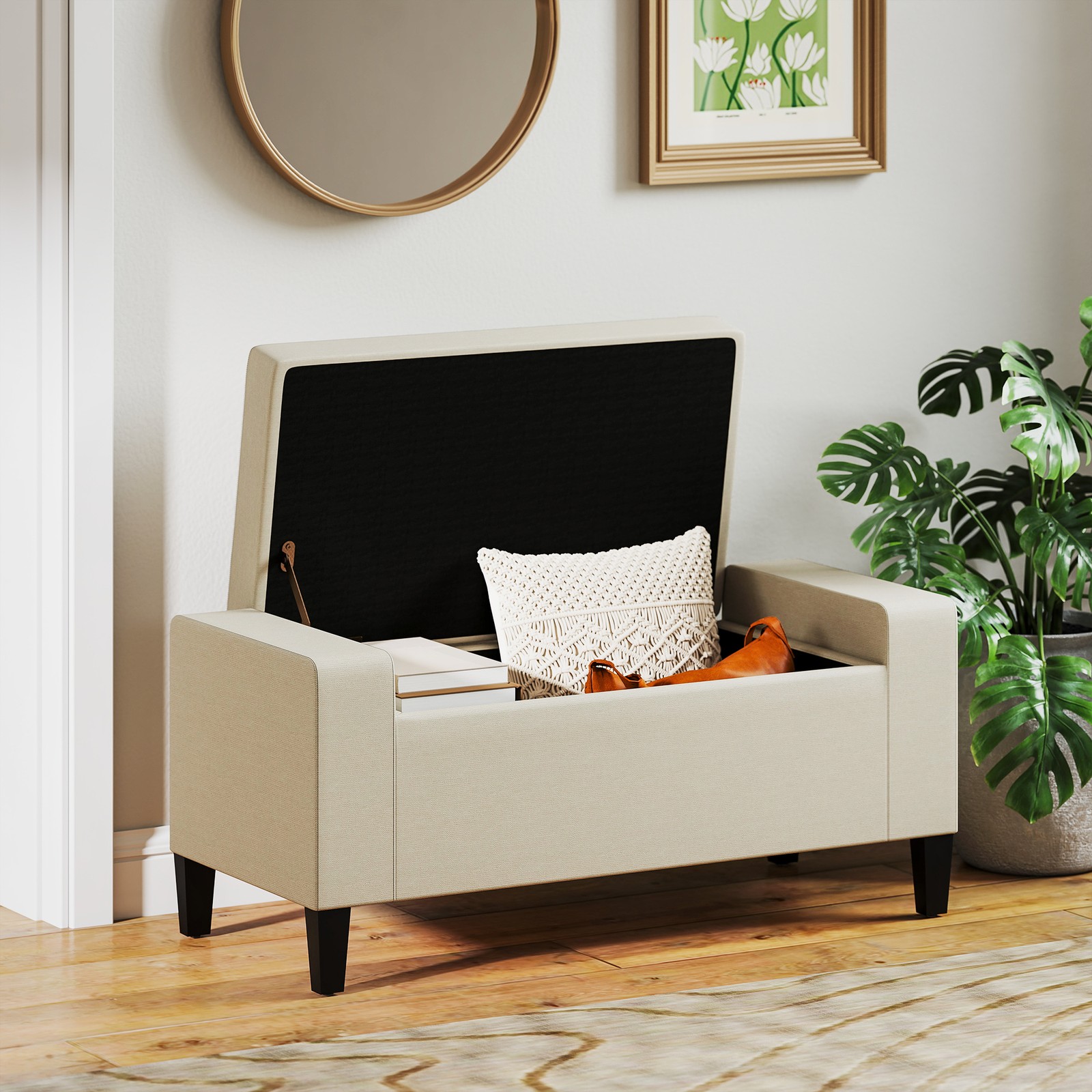 Rectangular Tufted Linen Storage Ottoman Bench with Flipping Top Beige