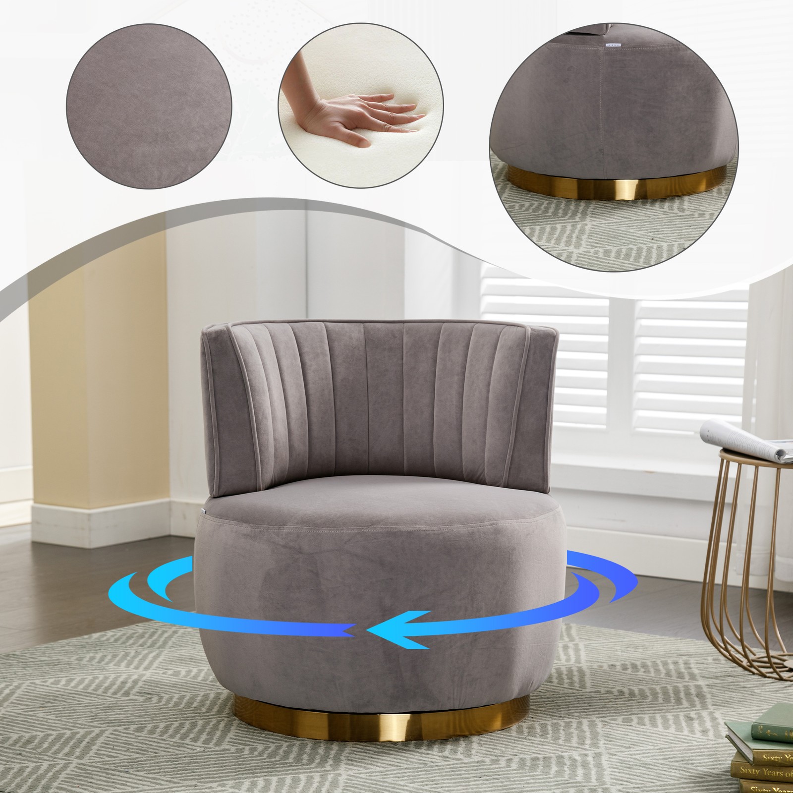 Swivel Barrel Accent Chair, Gray Velvet, 360 Degree Rotation
