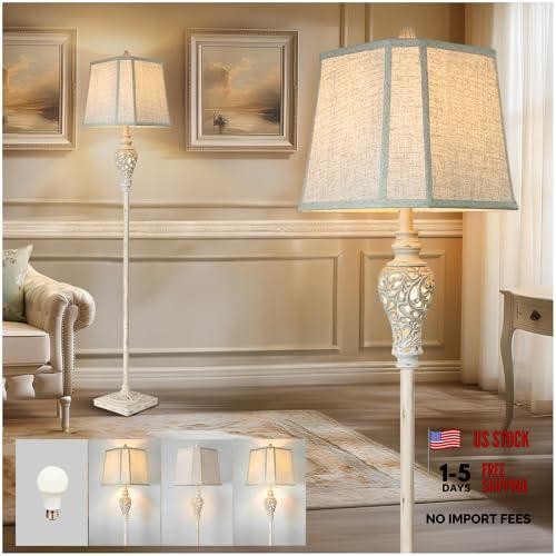 Linen Fabric Cream Rustic Floor Lamp 65” Tall with Nightlight Cut Corner