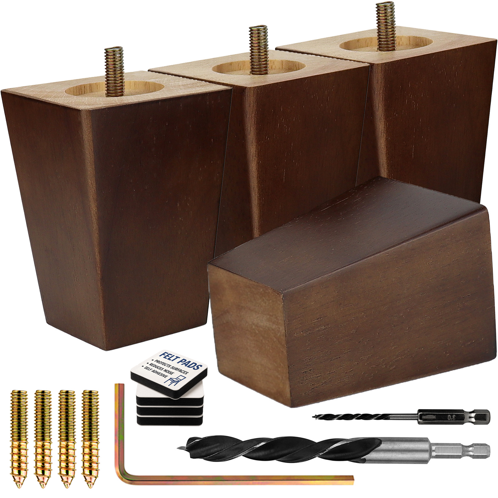 Walnut Square Furniture Legs Set of 4, 3 4 5 6 8 10 12 in Wood Feet Replacement