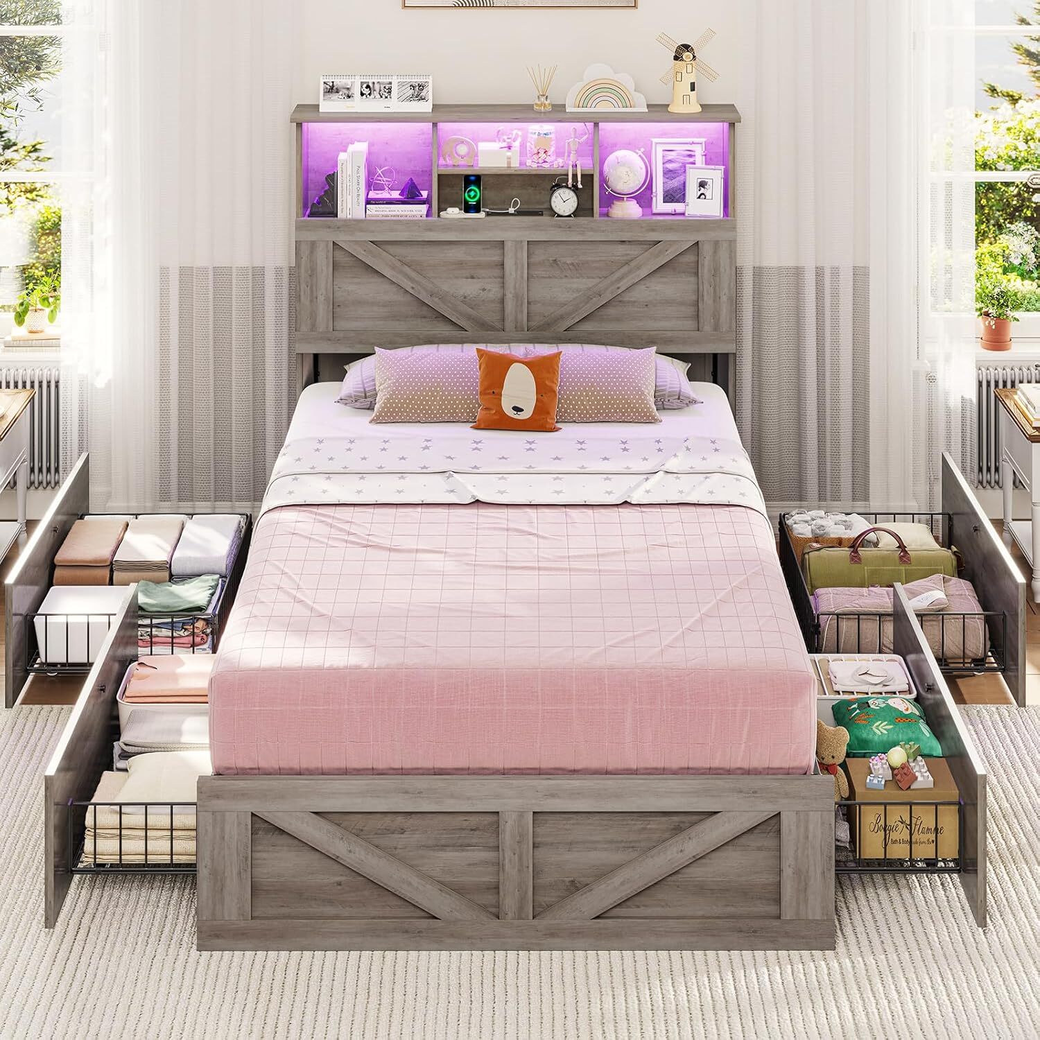 Farmhouse Bed Frame with Bookcase Storage Headboard & 4 Drawers. LED Wooden Bed
