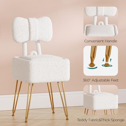 Small Vanity Chair with Storage, Folding Back, Teddy Fleece Ottoman, White