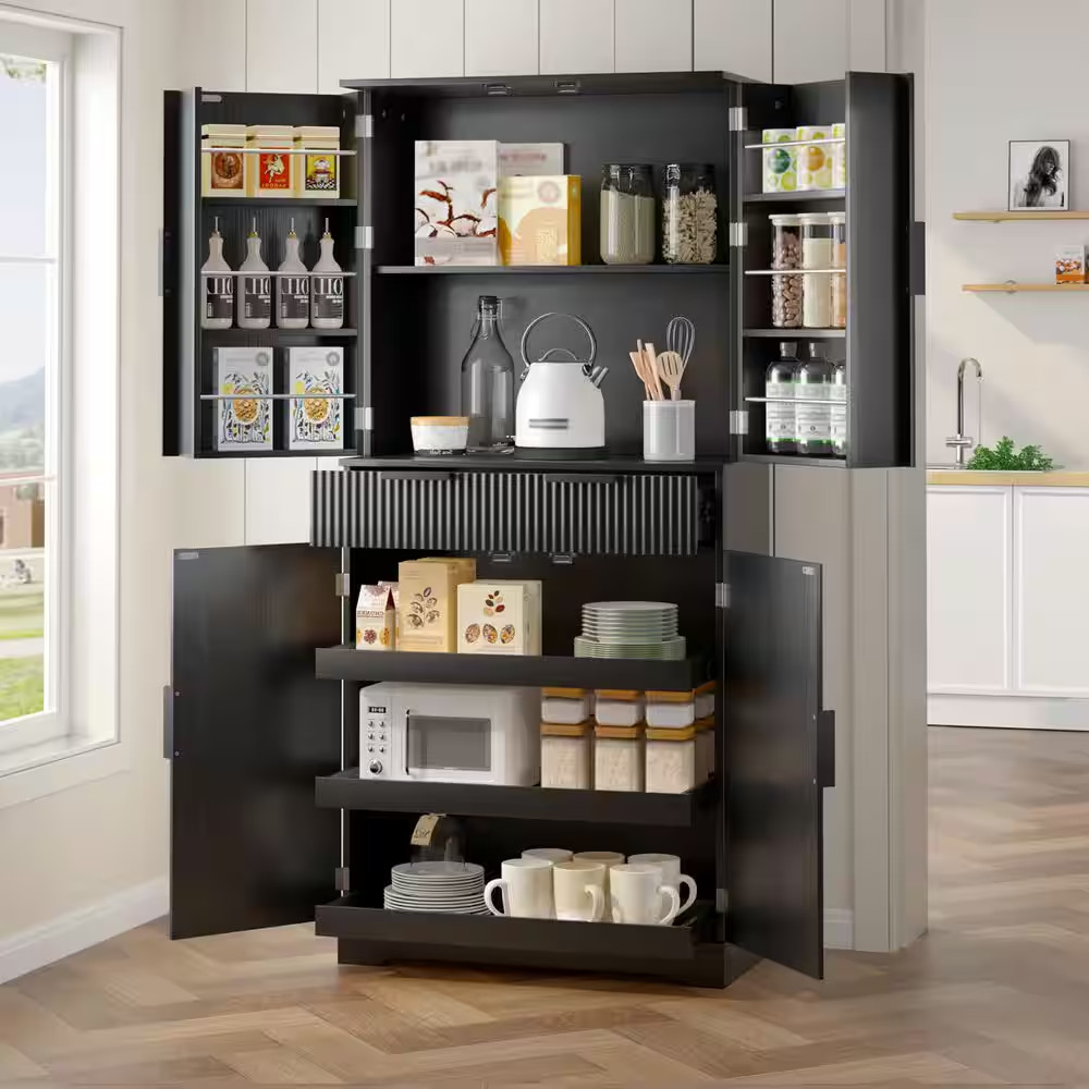 72 In. Tall Black Wood Kitchen Pantry Cabinet with 3-Keyboard Drawers and Adjust