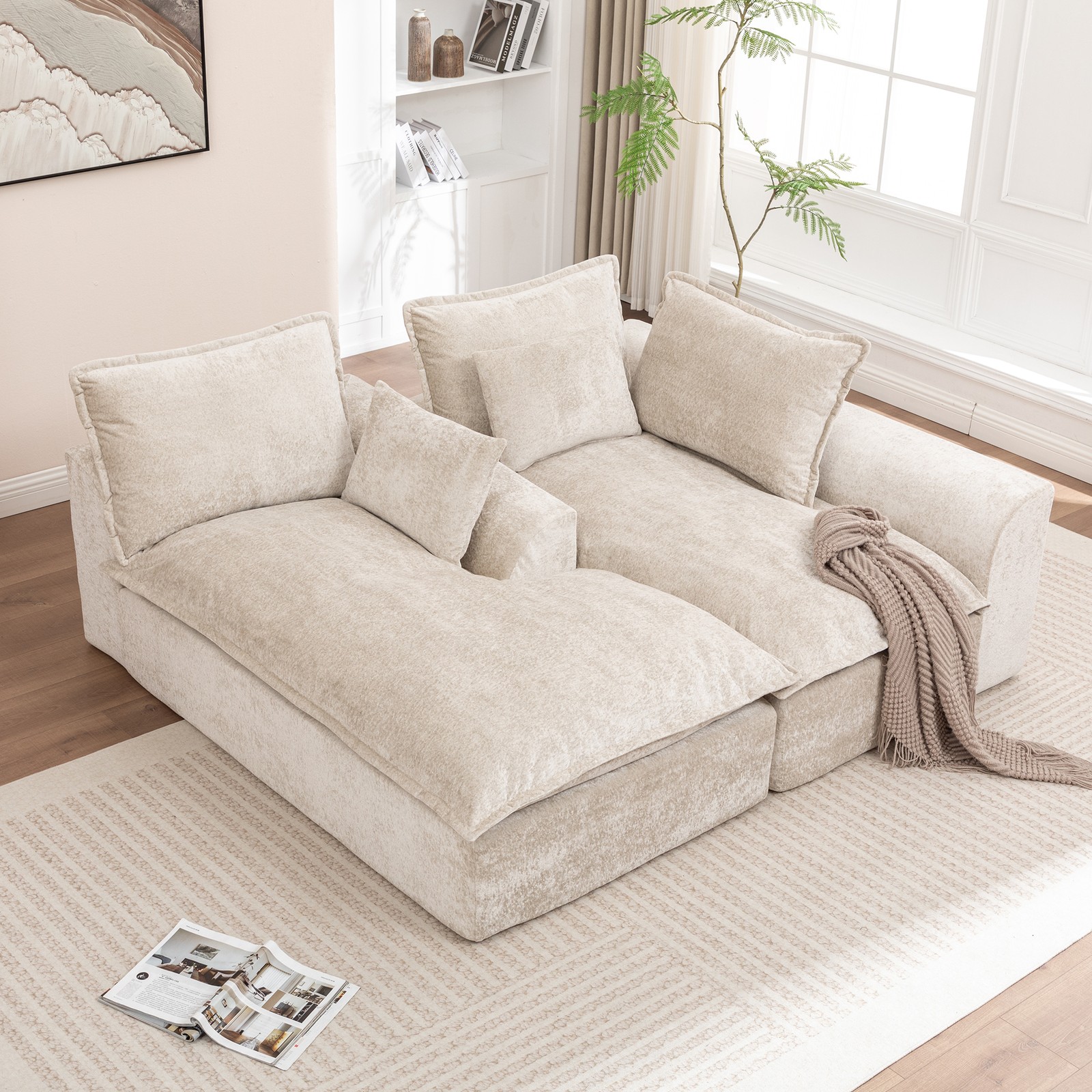 L-Shaped Modular Sectional Sofa with Chaise, Chenille Fabric, Beige