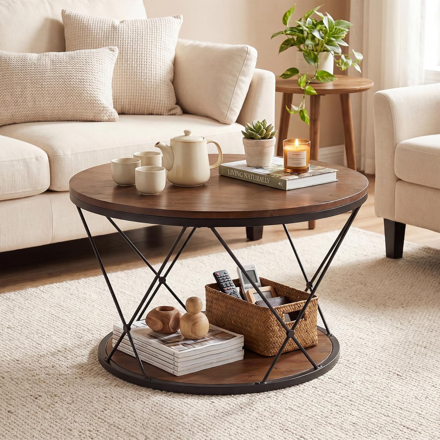 2-Tier Solid Wood Round Coffee Table, 31.5″ Industrial Circle Center Tea Table