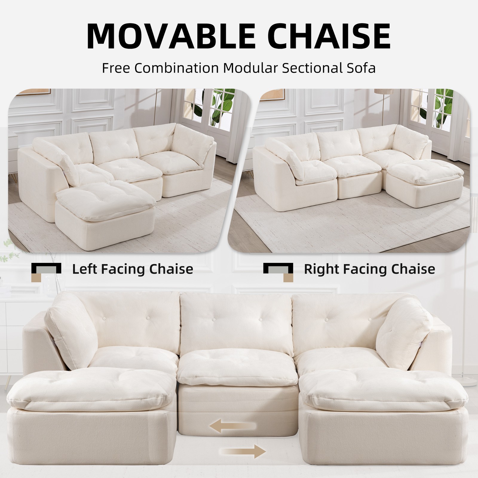Modular Sectional Sofa Cloud L-Shaped 4-Seater Chenille Fabric Beige