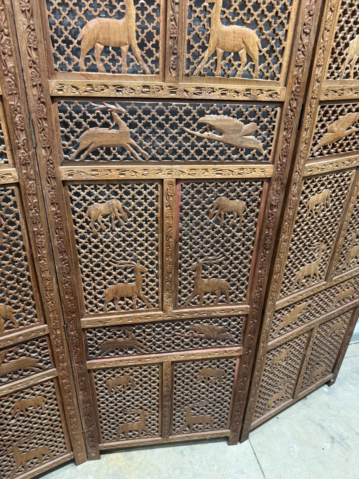 Mid-Century Carved Folding Four Panel Room Divider Screen NO SHIPPING