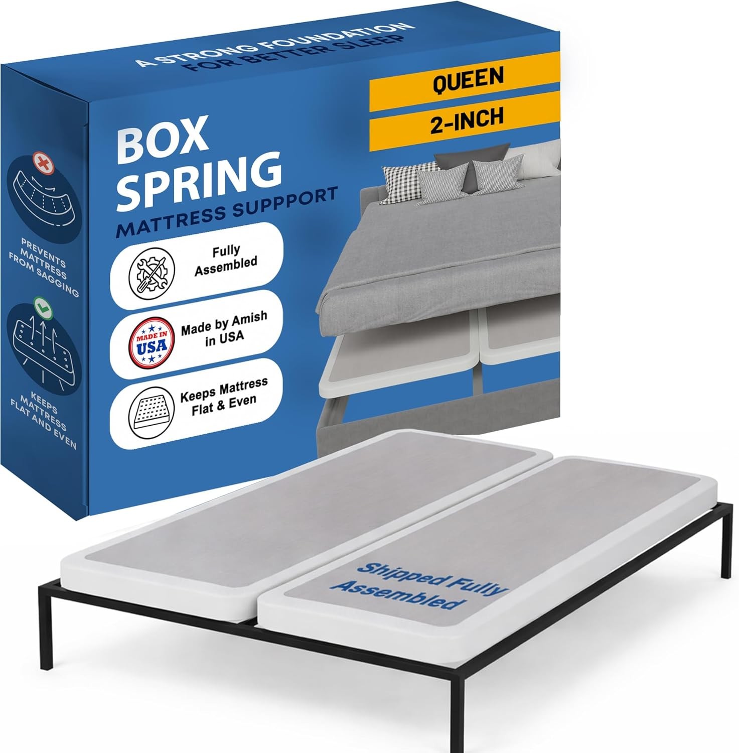 Box Spring Bed Base Queen Size, 2-Inch Wood Mattress Foundation – Amish Made in