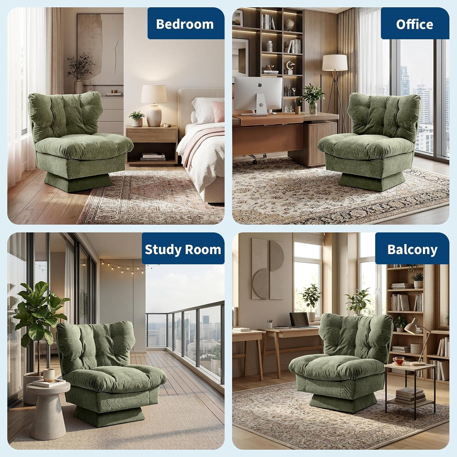 Chic Green Swivel Armchair with Tufted Cushions for Living Room or Bedroom