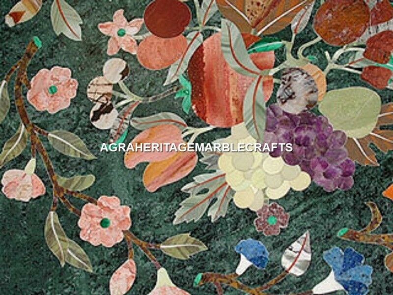 Green Marble Dining Table Top Rare Inlaid Occasion Decor Birds Fruits Arts H479