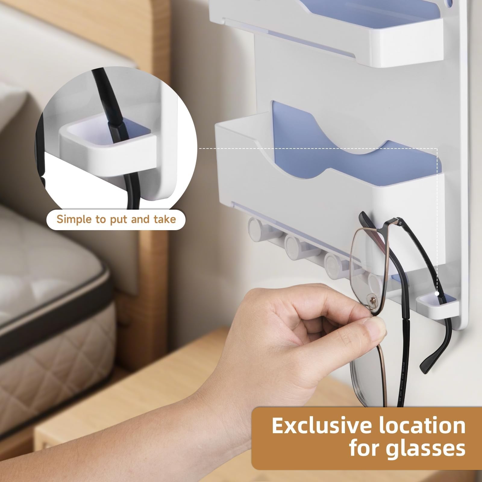 Bedside Wall Shelf with Glasses Hooks, Adhesive Bedside Organizer Wall Mount …