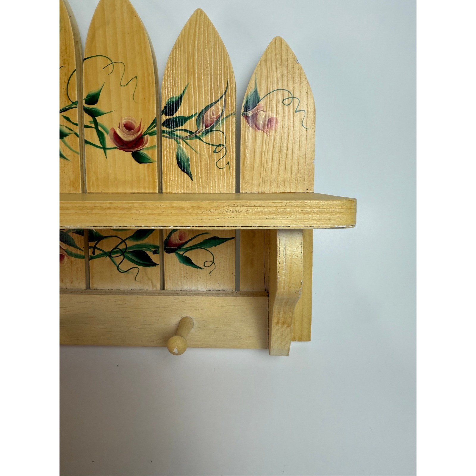 Vintage Hand Painted Wood Picket Fence Wall Shelf Pink Roses 3 Peg Rack 15in