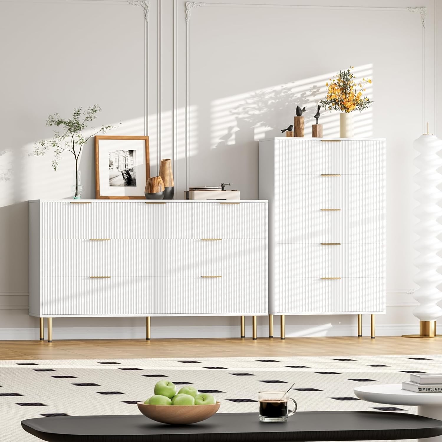 Fluted 6 Drawer Dresser for Bedroom 47.2 in Wide Modern Chest of Drawers Black