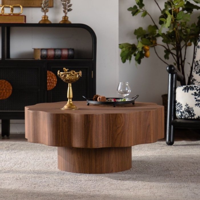 31.5″ Scalloped Edge Coffee Table – Walnut MDF Wood Grain Sticker Center Table