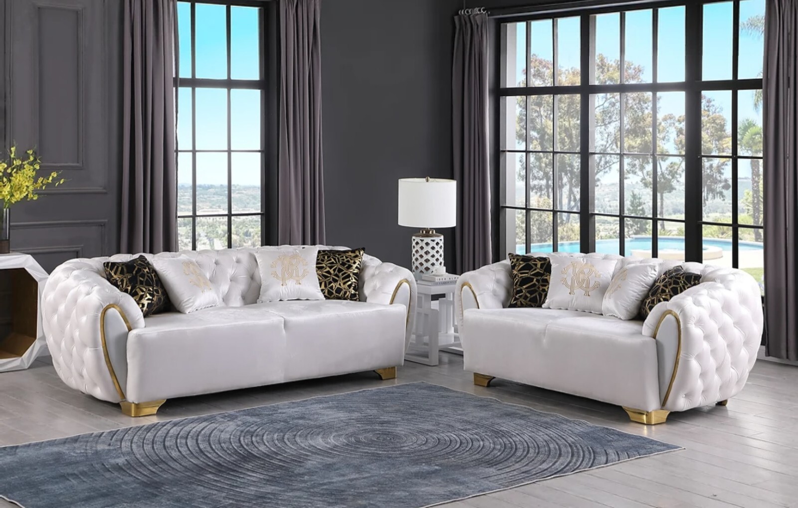 NEW 2PC White Gold Velvet Sofa Loveseat Tufted Modern Luxury Living Room Set