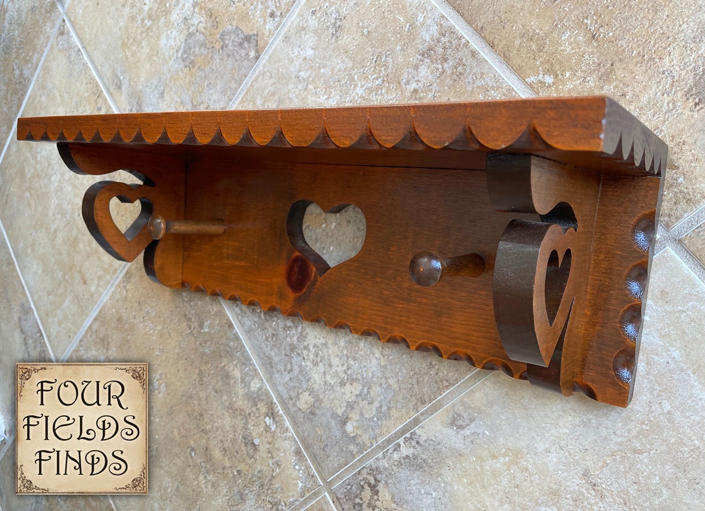 18″ Vintage Farmhouse Handcrafted Stained Wood Wall Shelf Heart Cuts Outs 2 Pegs