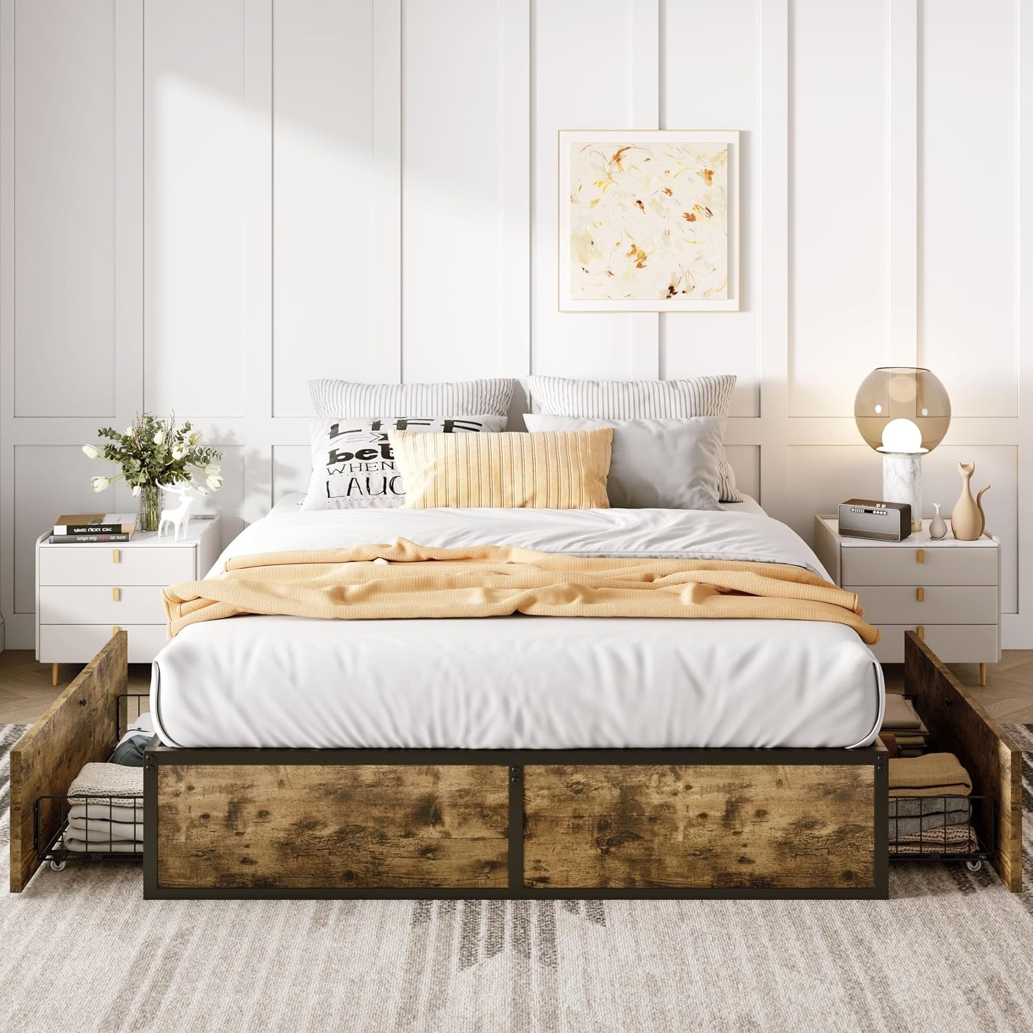 Rustic Queen Bed Frame with Heavy-Duty Metal & 2 Storage Drawers – Easy Assembly