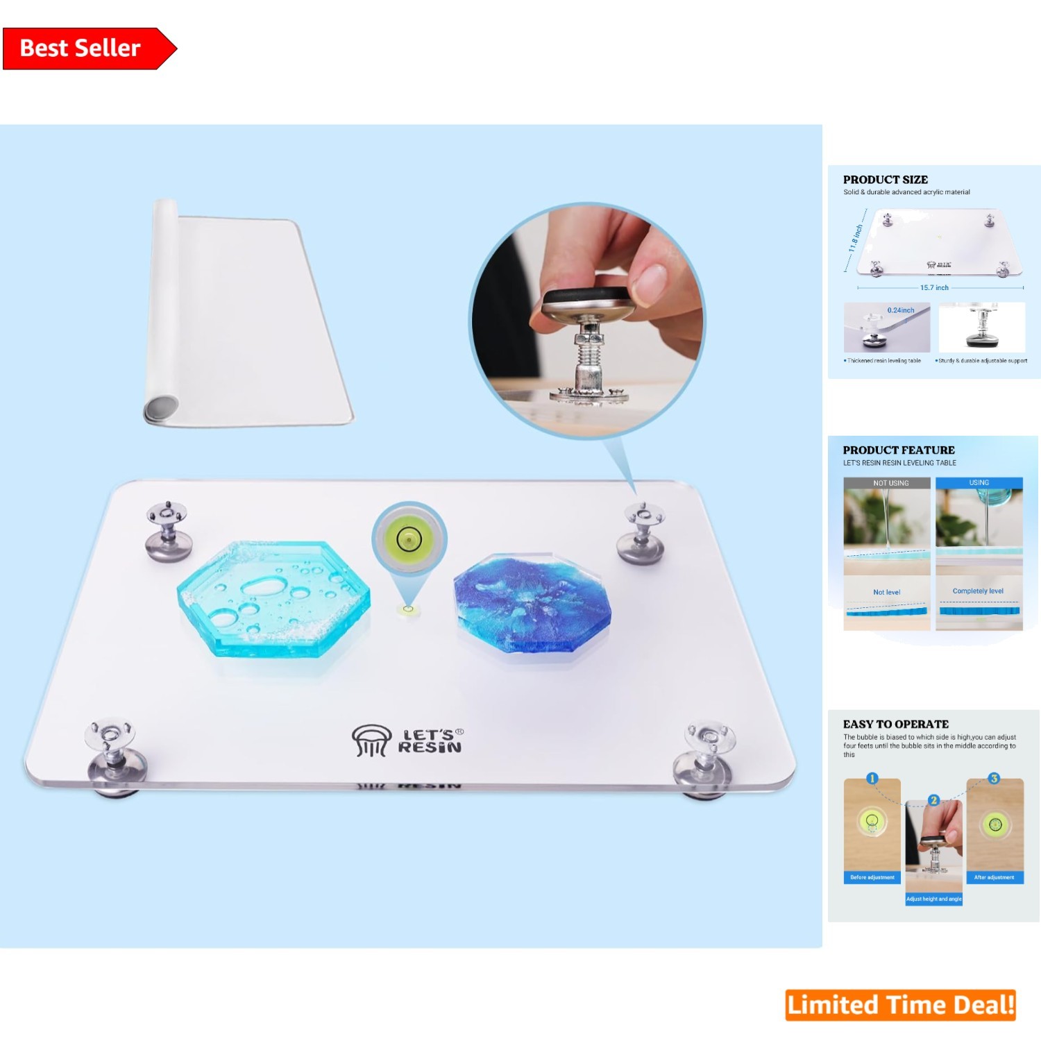 Quick Setup 16”x12” Acrylic Leveling Board with Silicone Mat for Resin Work