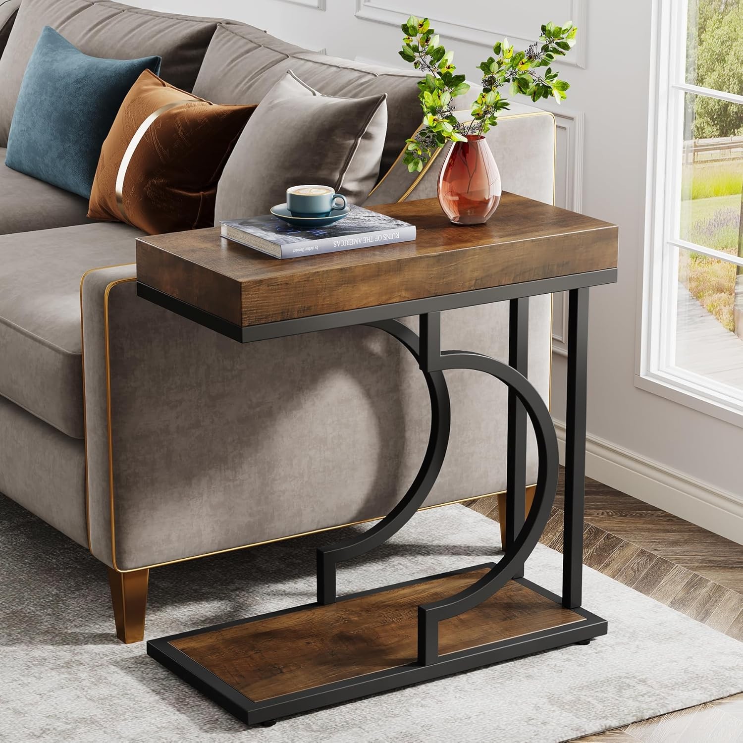 Modern C-Shaped End Table, Narrow Side Table with Metal Frame for Living Room