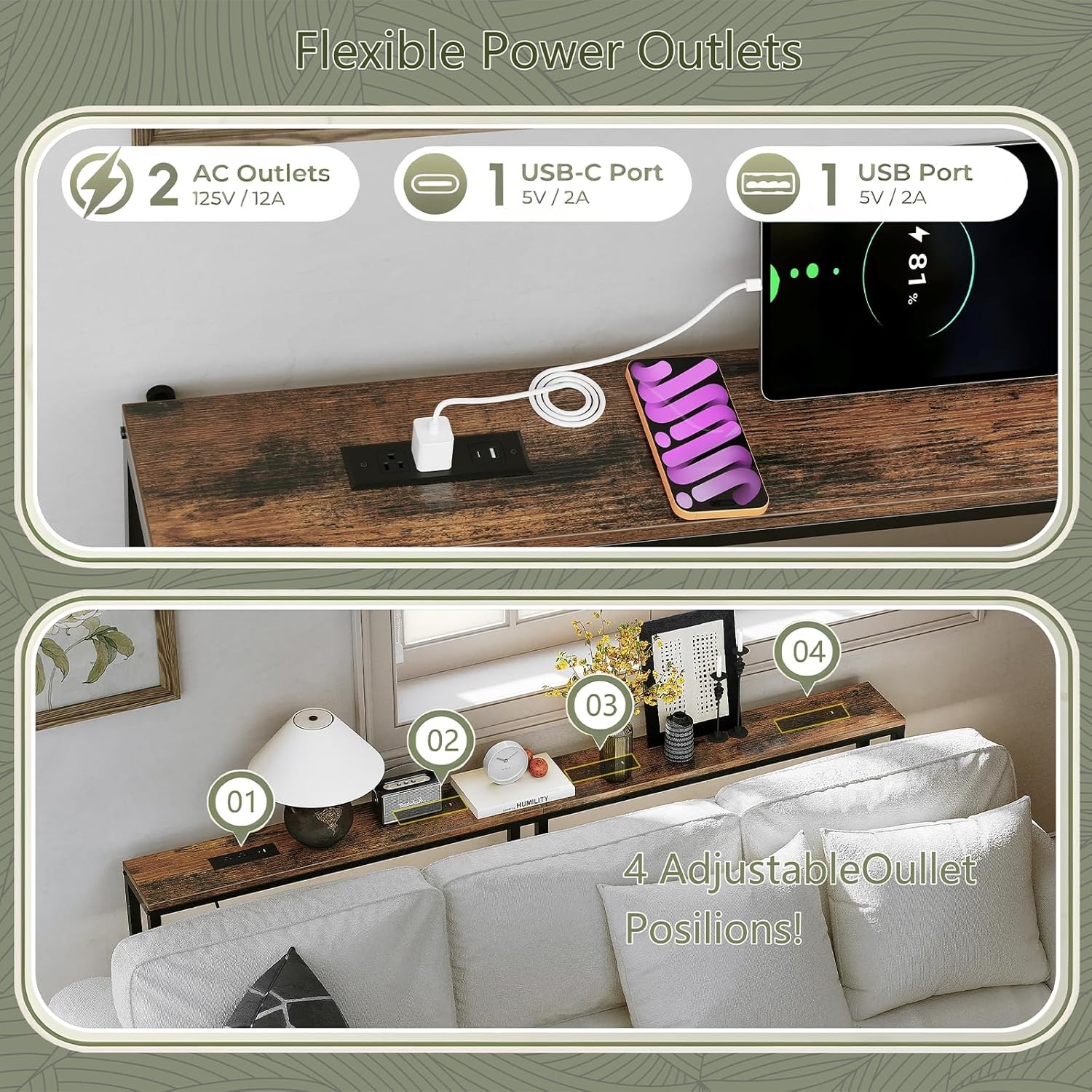 110.2″ Behind Couch Table Adjustable Height 23.8~34.8″ with 2 Charging Stations,