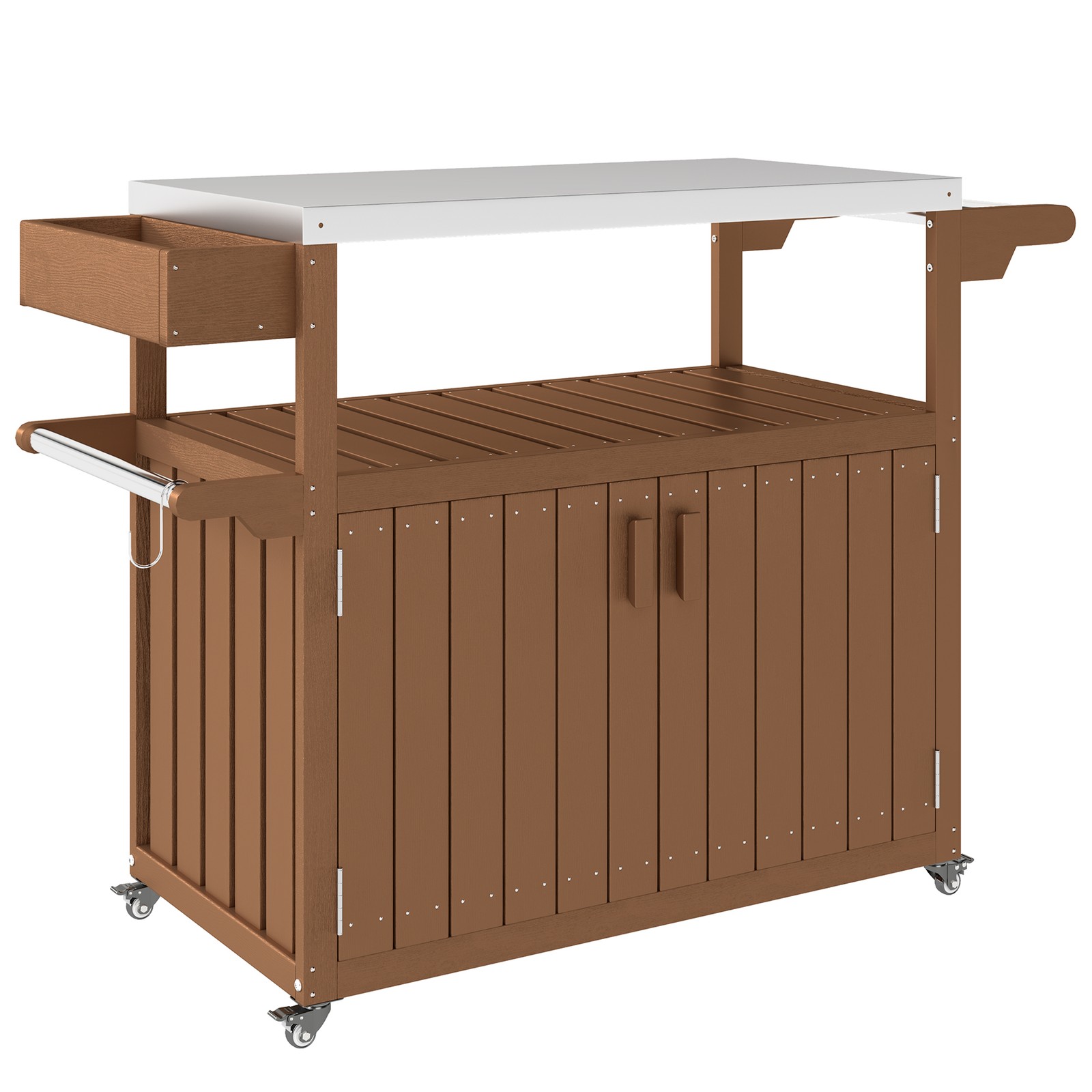 Outsunny Outdoor Bar Cart with Storage, Brown, HDPE Outdoor Kitchen Cart