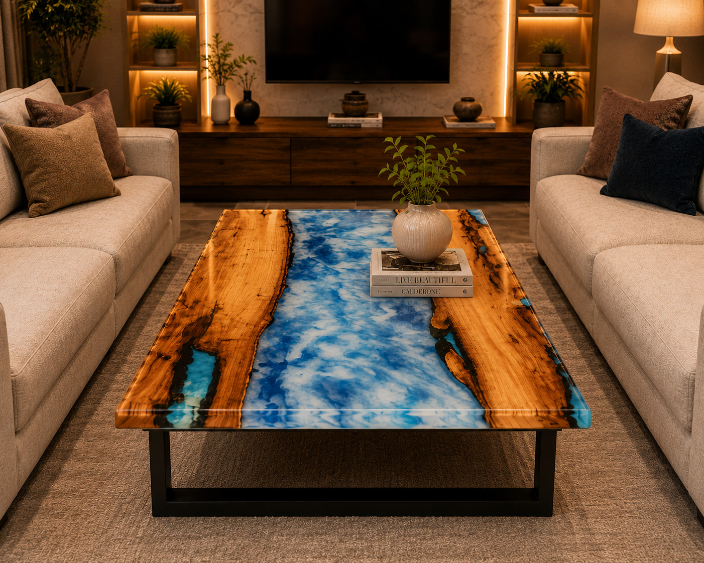 Ocean Blue Resin Coffee Table | Live Edge Wood Coffee Table