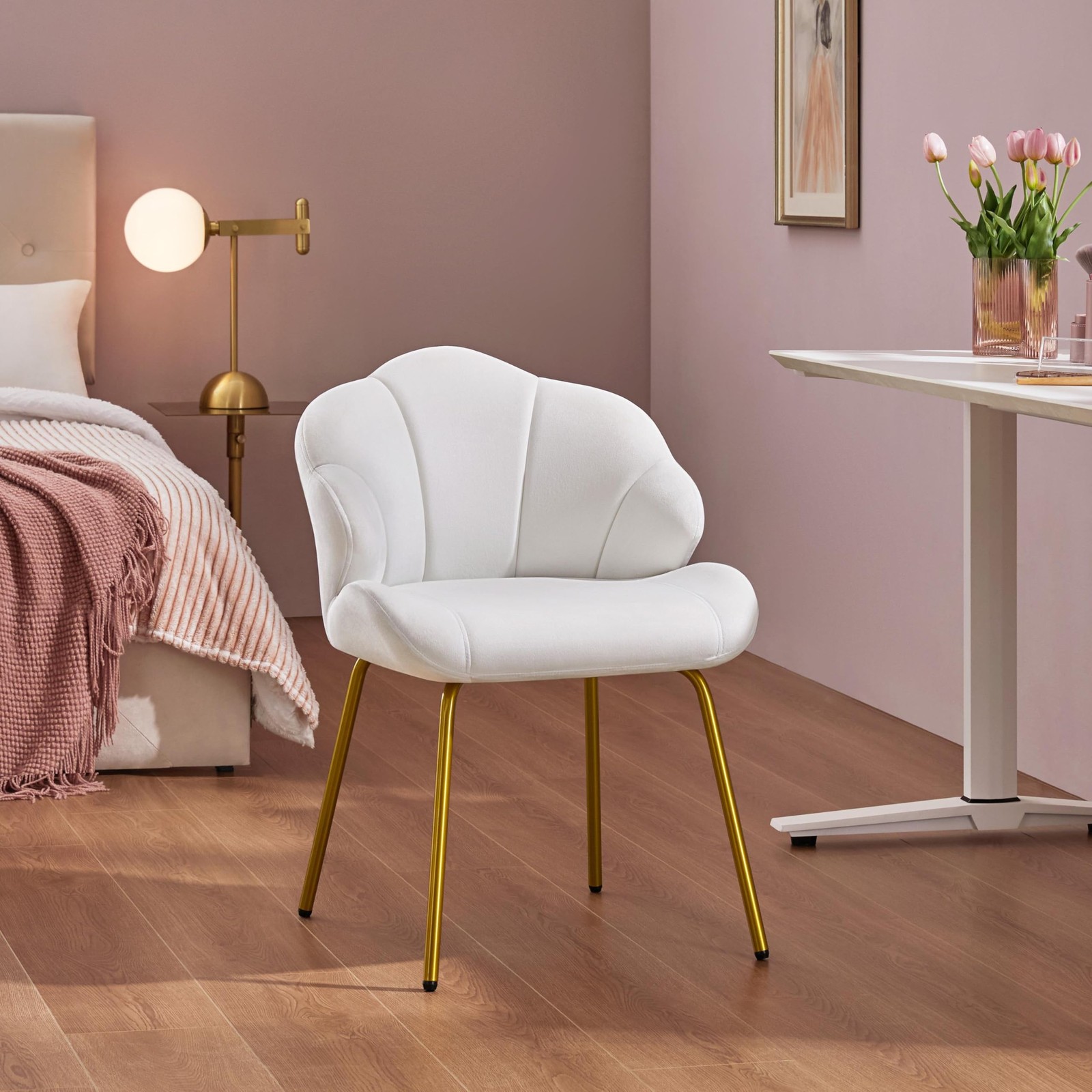 Vanity Chair, Velvet Accent Chair w/Shell-Shaped Backrest, Modern Armchair,White