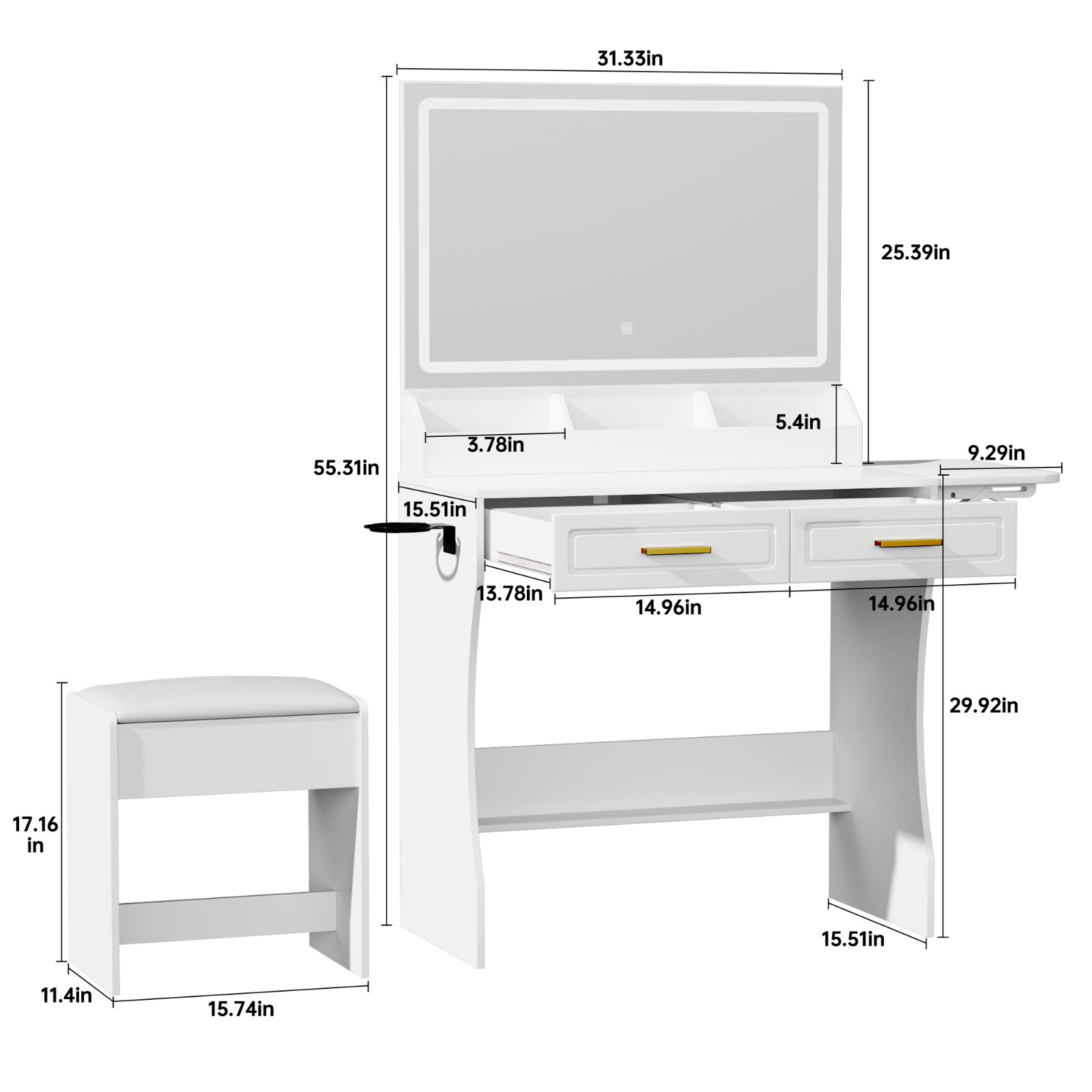 Modern White Makeup Vanity Desk with Mirror, Adjustable Lights, Storage & Stool