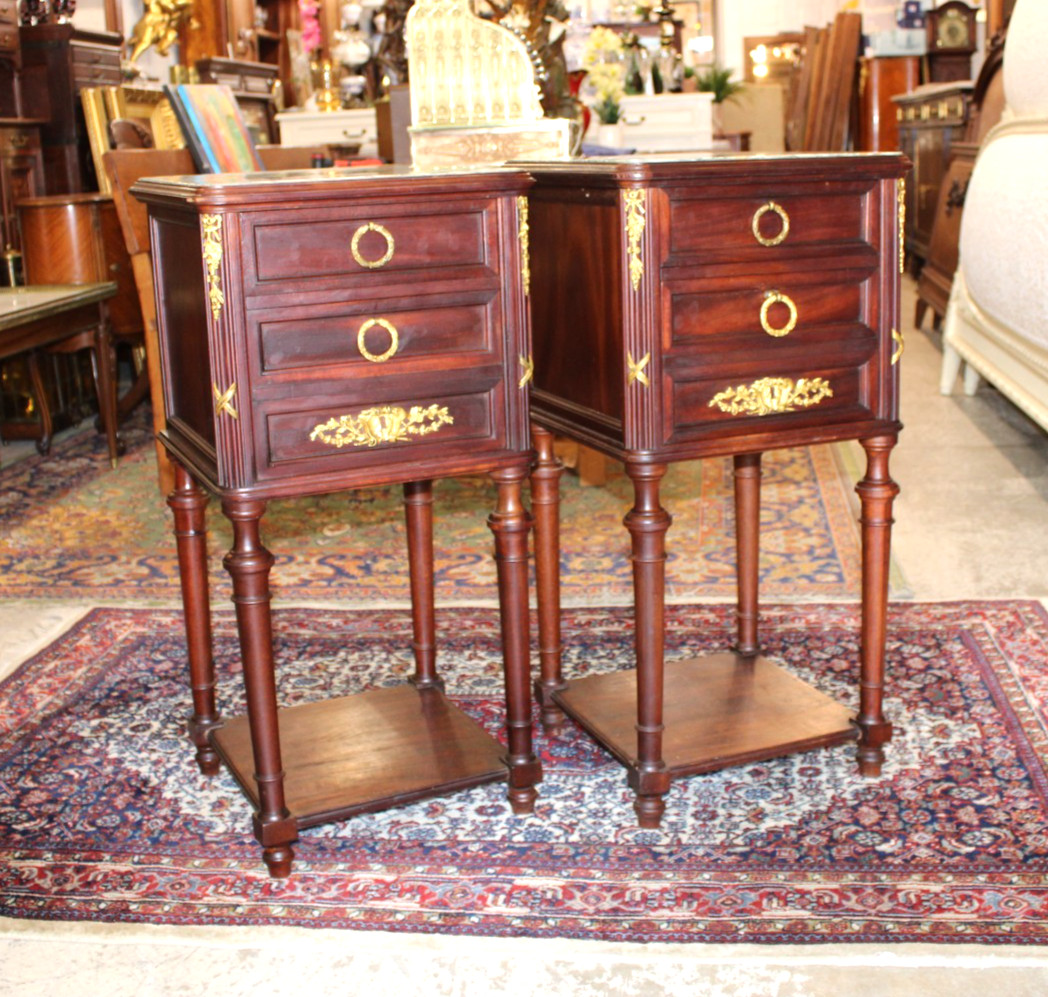 Pair of French Antique Louis XVI Mahogany Nightstands / Bedside Tables