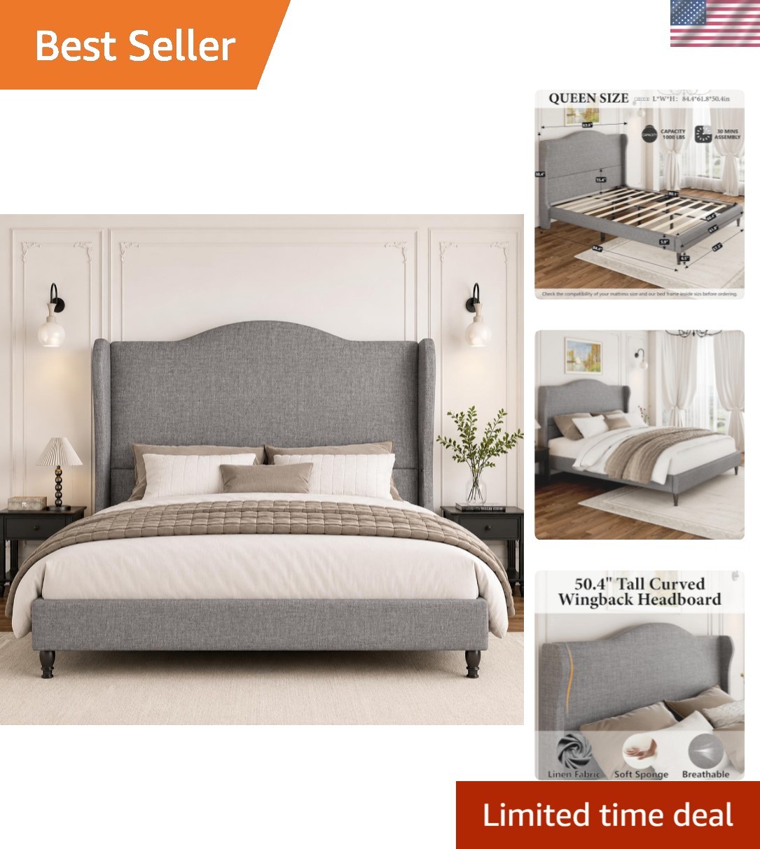 Queen Size Bed Frame with 50.4″ Tall Wingback Headboard, Upholstered Platform…