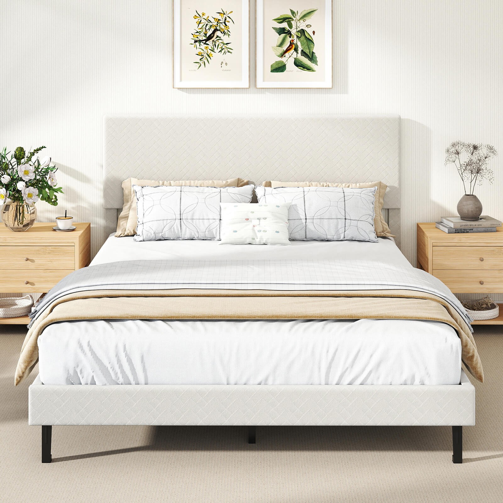 Queen Size Velvet Bed Frame w/Height Adjustable Chevron Headboard,Noise Free