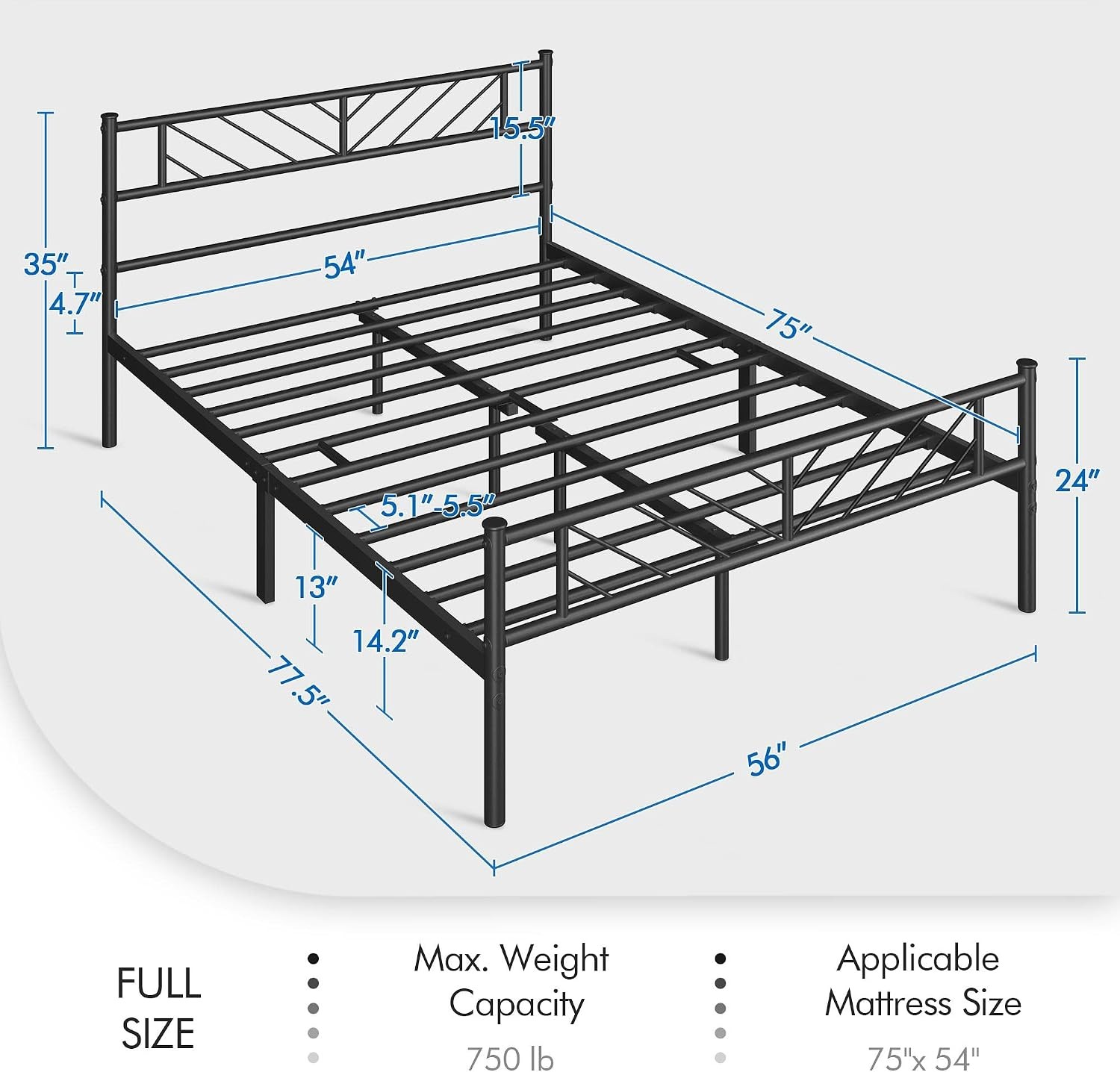 Full Size Platform Bed Frame with Arrow Design Headboard 13 Inches Metal