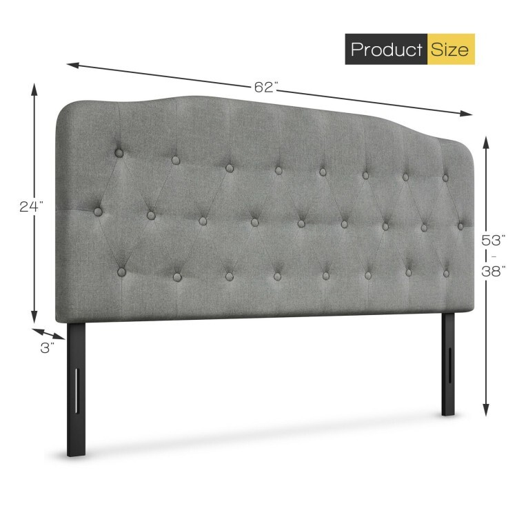 Queen Size Modern Upholstered Tufted Headboard Bed Adjustable Height Light Gray