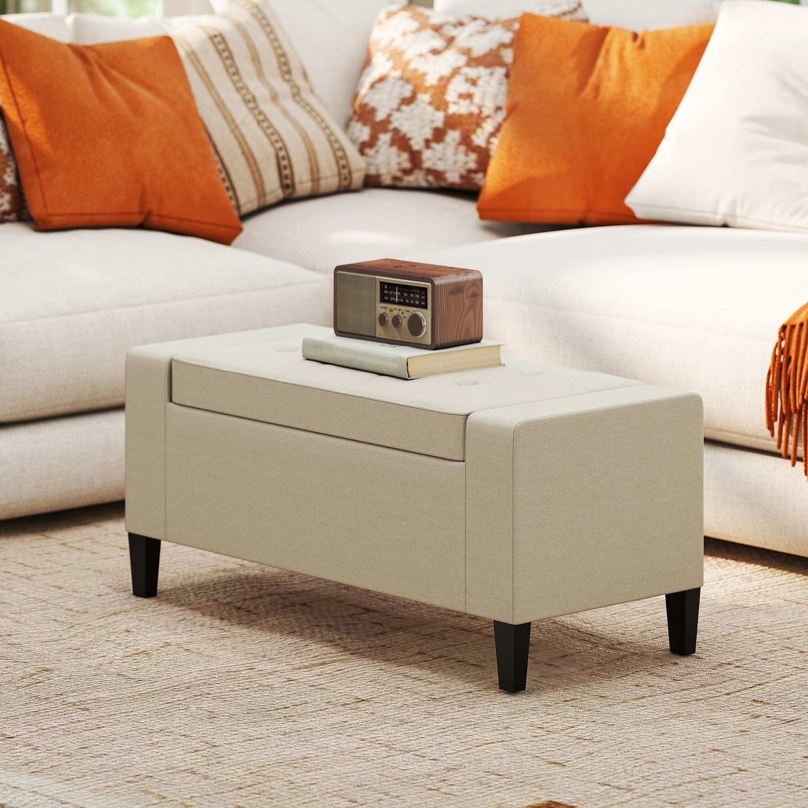 Rectangular Tufted Linen Storage Ottoman Bench with Flipping Top Beige