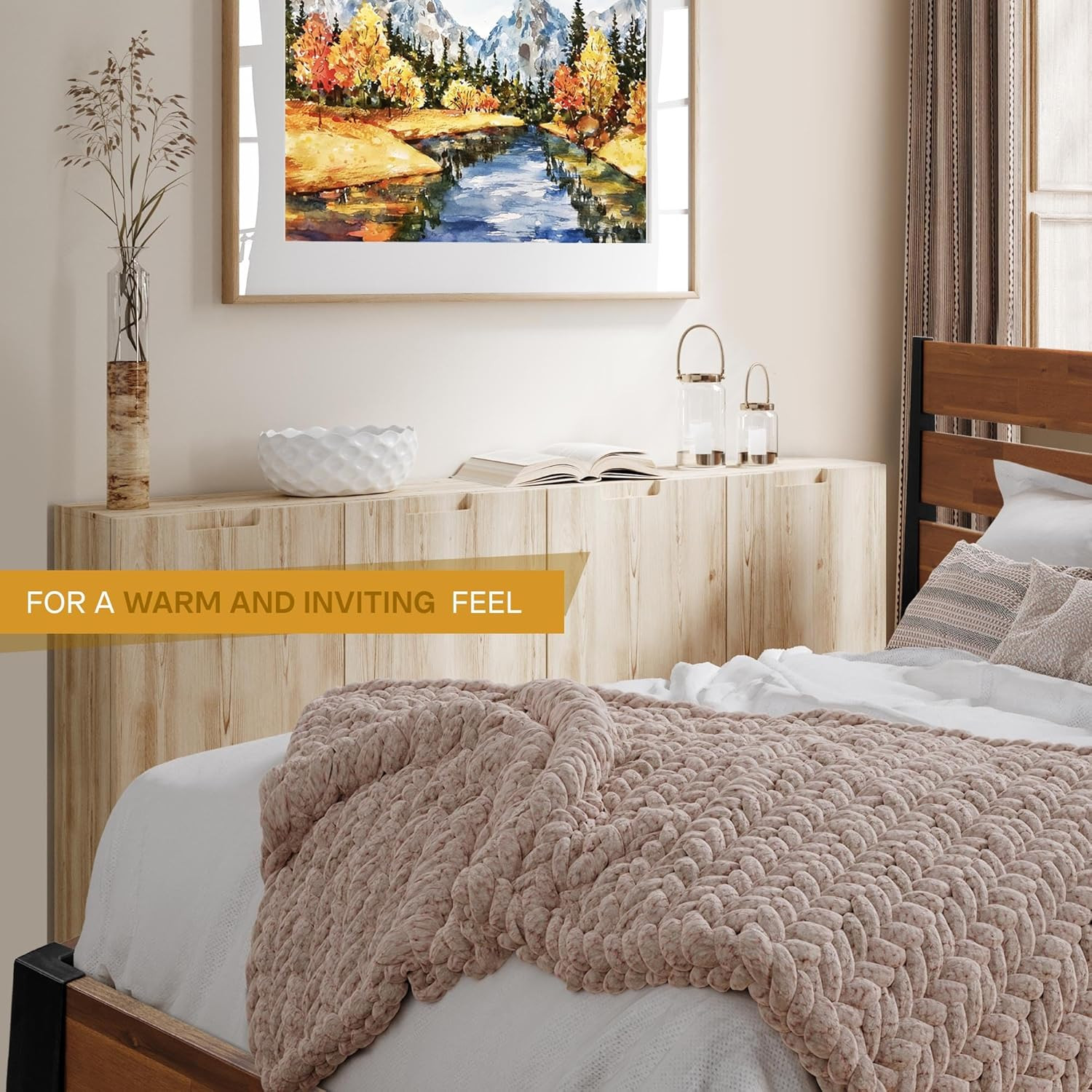 Solid Wood Queen Bed Frame with Headboard, Easy Assembly, Noise-Free