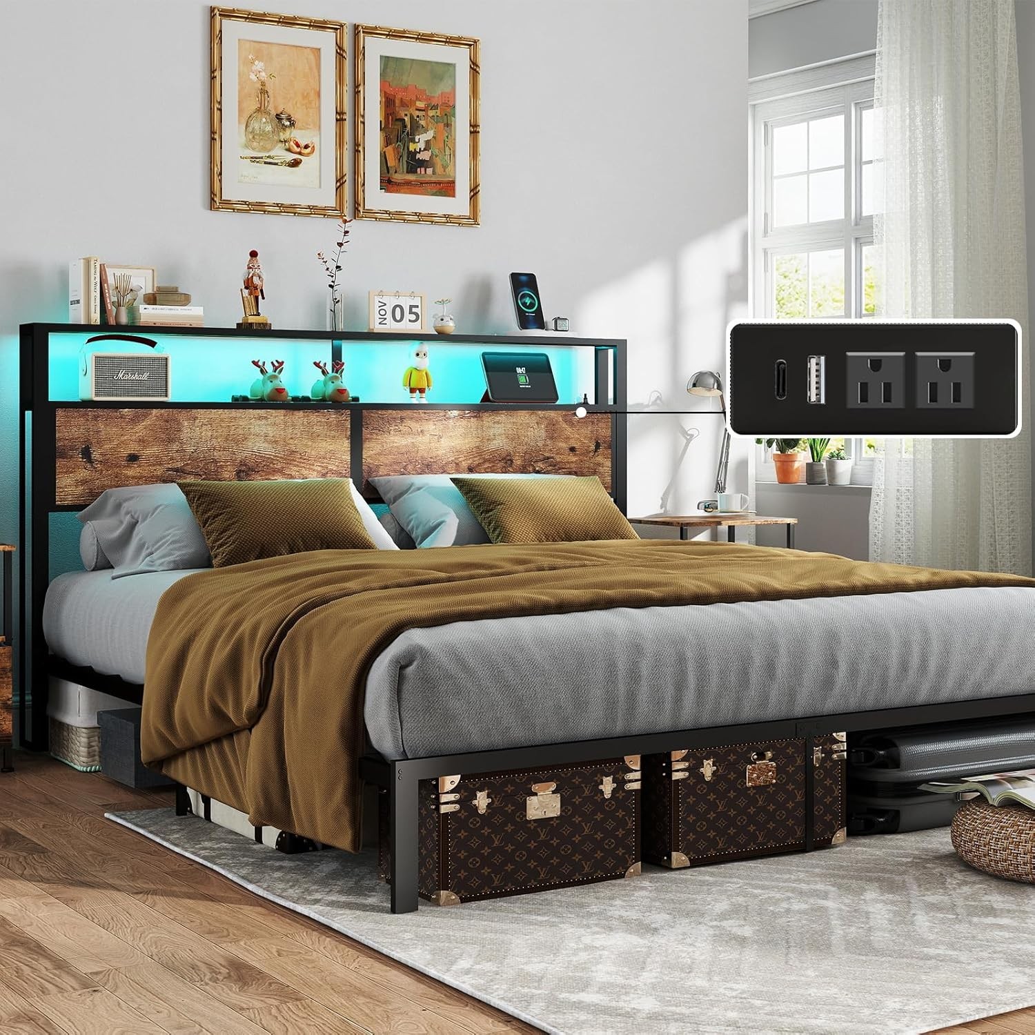 King Queen Full Metal Platform Bed Frame with LED Light, Charging ,4 Drawers