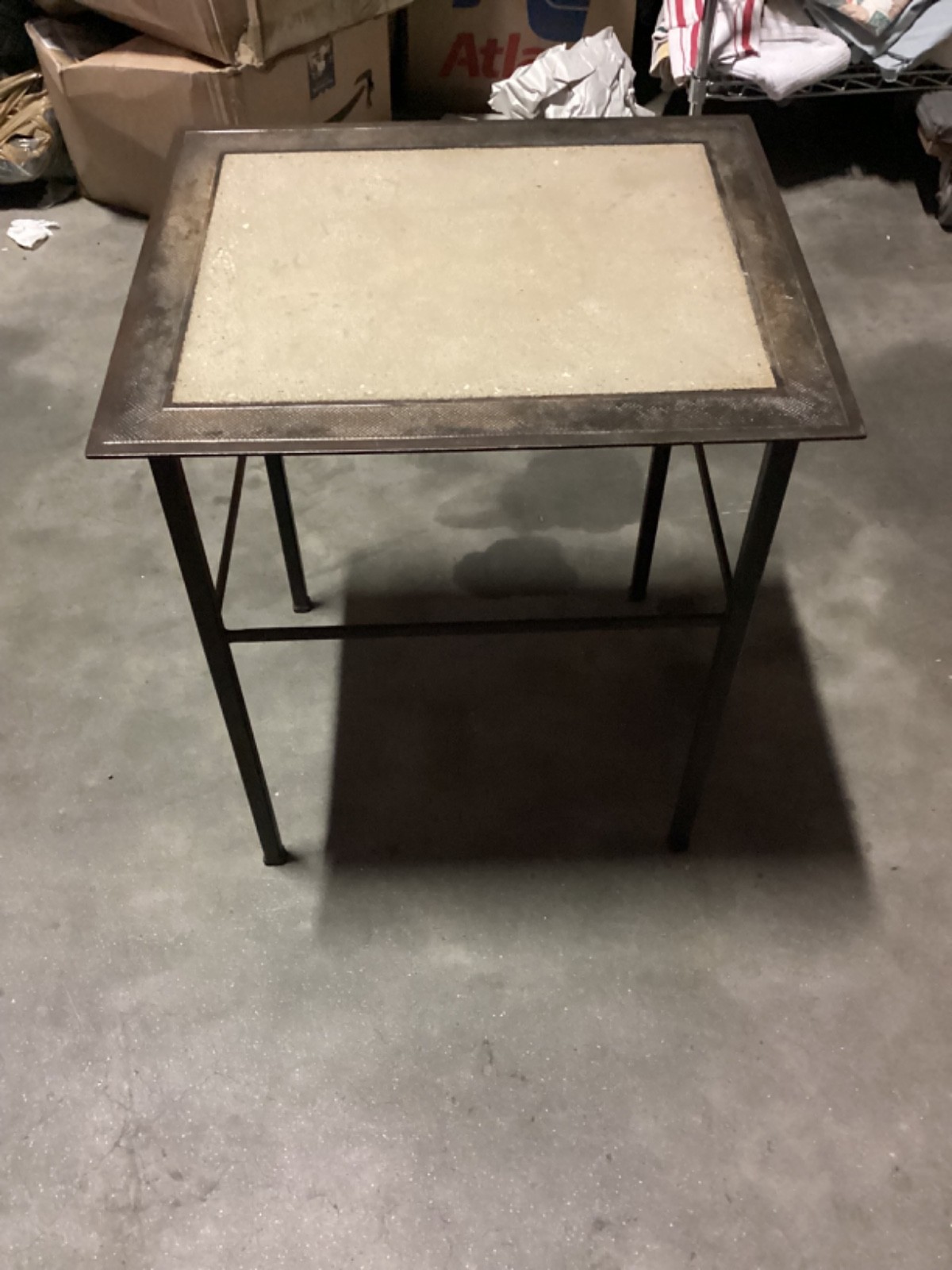 Industrial Modern End Table With Beige Stone Top 24” Tall 21” x 18”