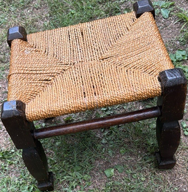 Rustic Brown Wood Footstool with Woven Seat, Square, Fully Assembled