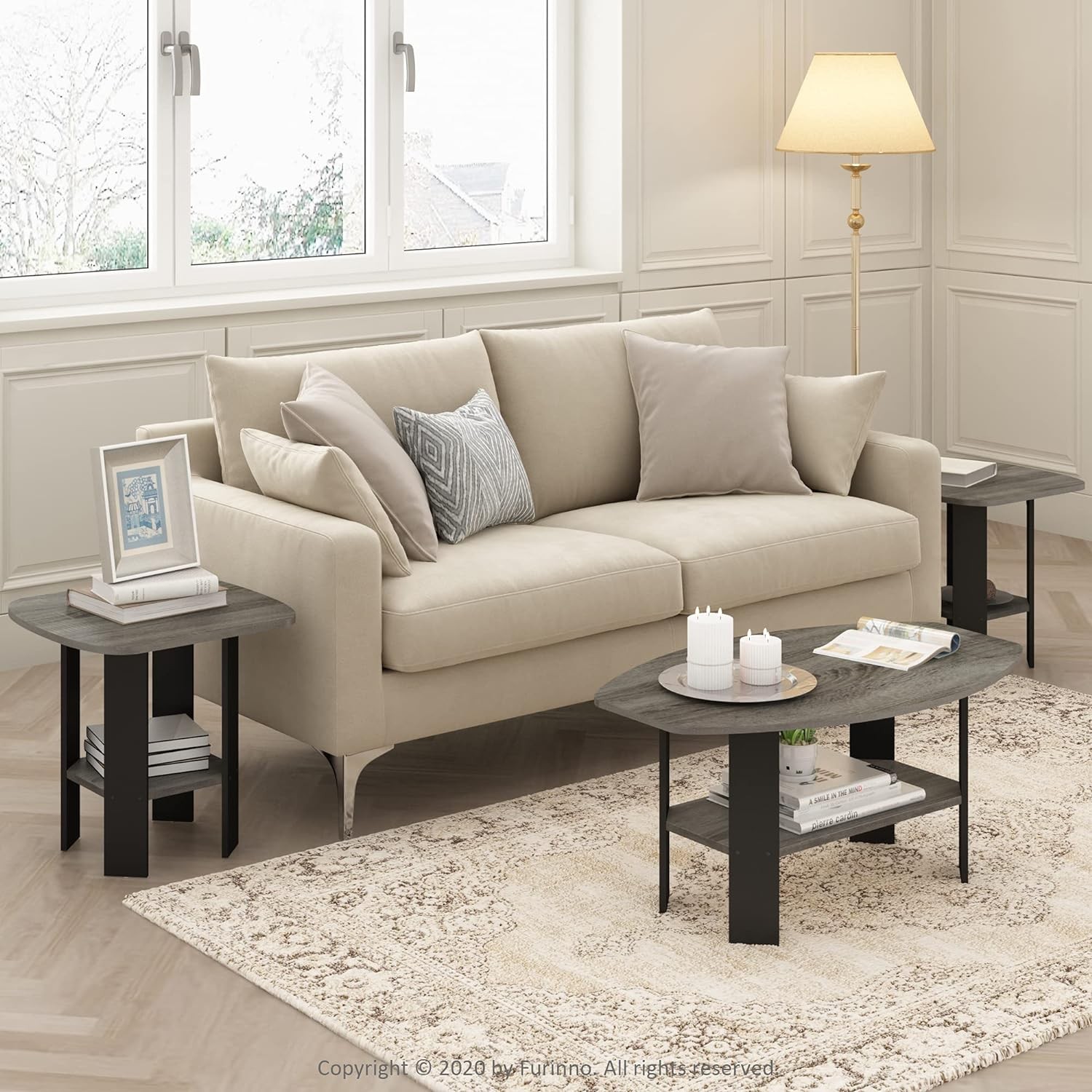 Furinno Simple Design End Table, 2-Pack, 2 Tiers, French Oak/Black