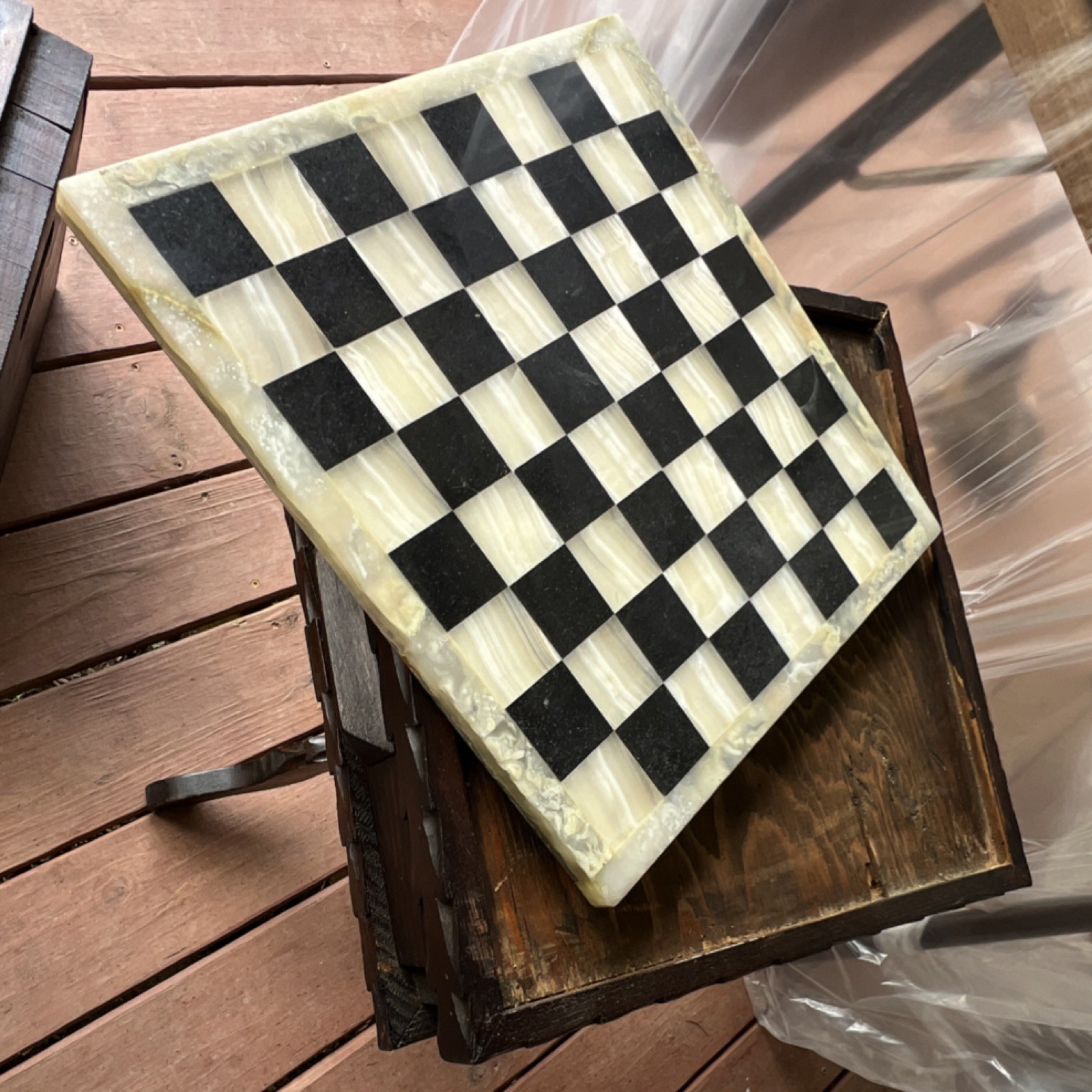 Square Wood Pedestal End Table 16x16x24 Checkered Stone Top, 1 Drawer