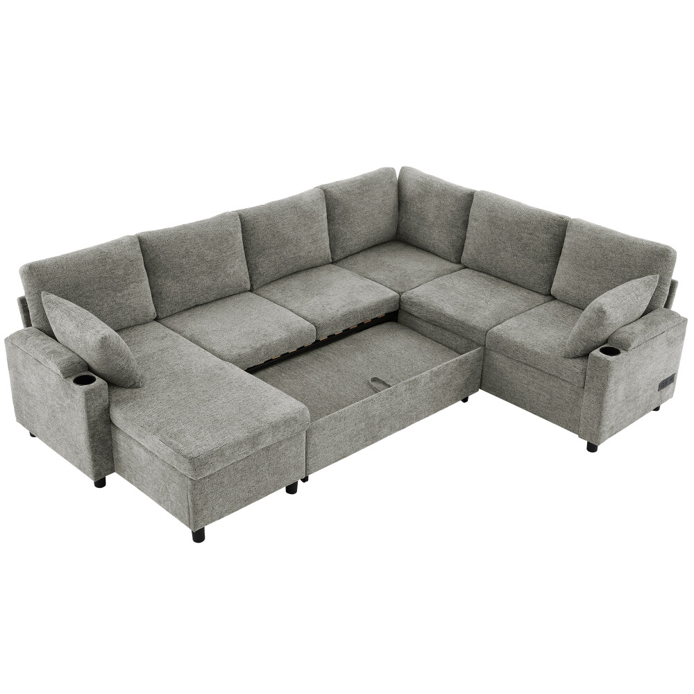109.9″ Sectional Sofa Bed U-shaped Sofa with Storage, Cup Holders, Light Grey