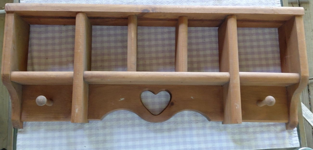 Vintage Wooden Wall Shelf Heart Cutout With Pegs Country Cottage 23.5×9.5×3″