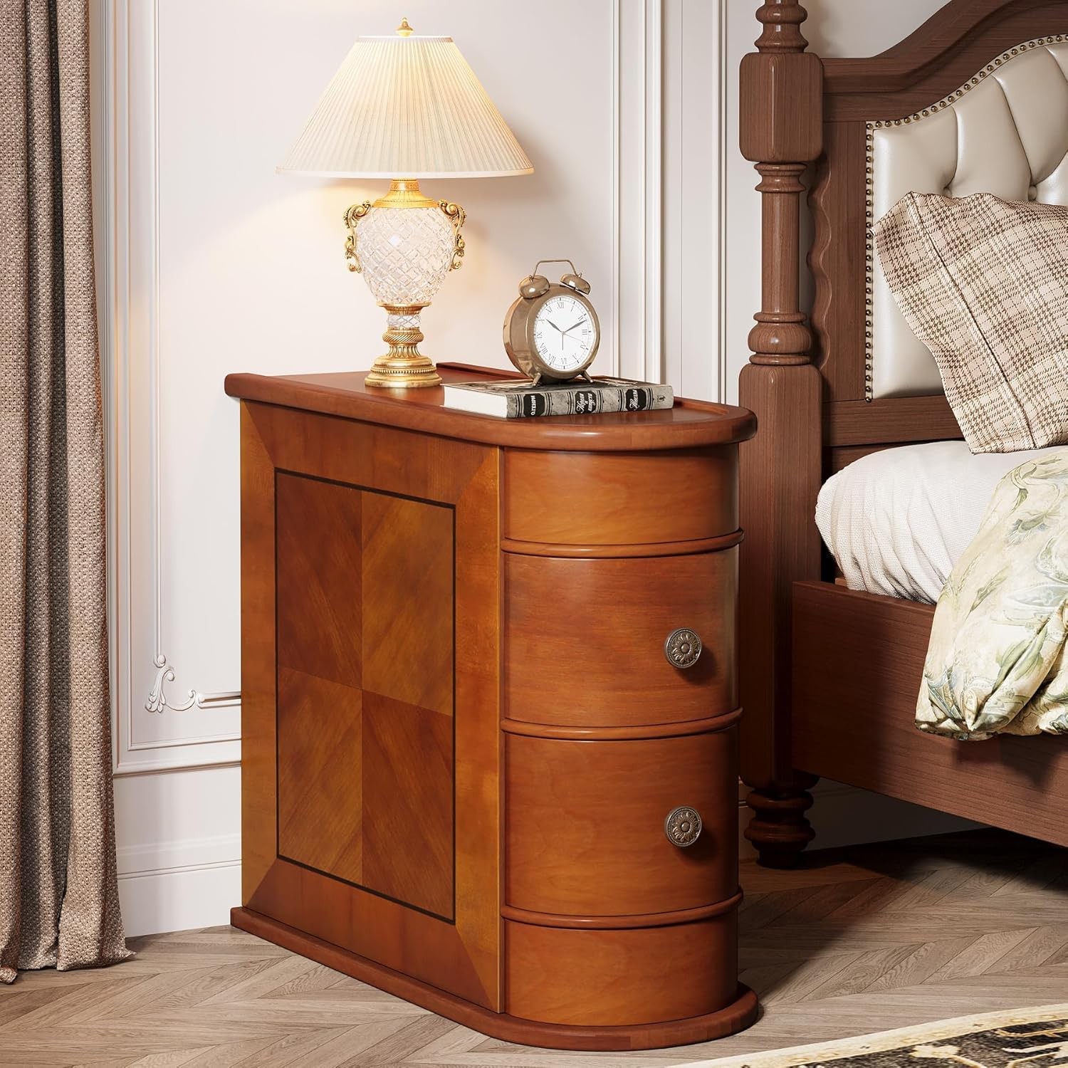 Narrow Bed Side Table with 2 Drawers,Solid Wood End Table, No Assembly Required