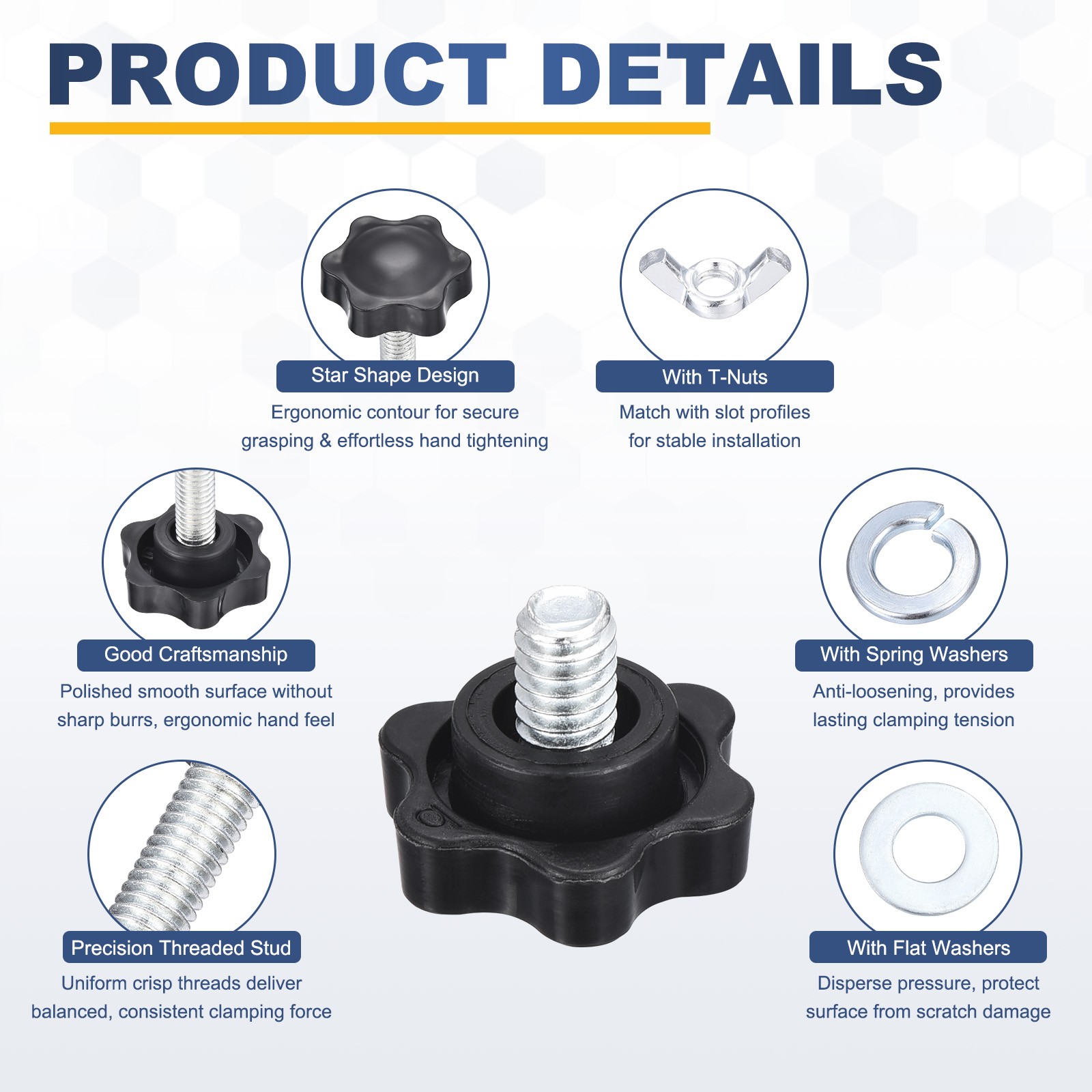 10Pcs 1/4″-20 Star Knobs 1″ Head 0.3″ Stud Thread Knob W/ T-Nuts & Washers Kit