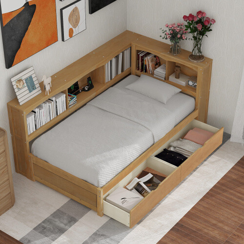 Solid Wood Daybed with Trundle Storage Bookcases Twin Size Sofa Bed Platform Bed