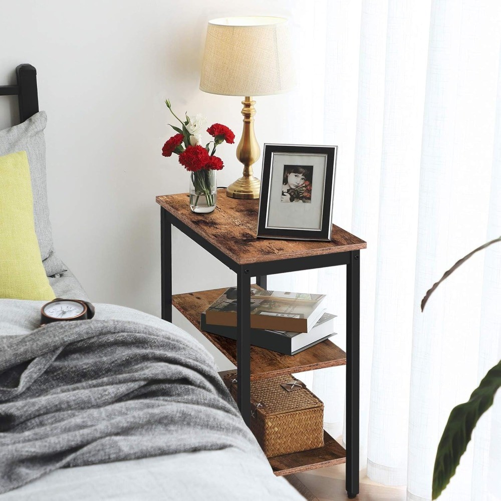 Simple Rustic Side Table with 3-Tier Storage Shelf,Rustic Brown and Black