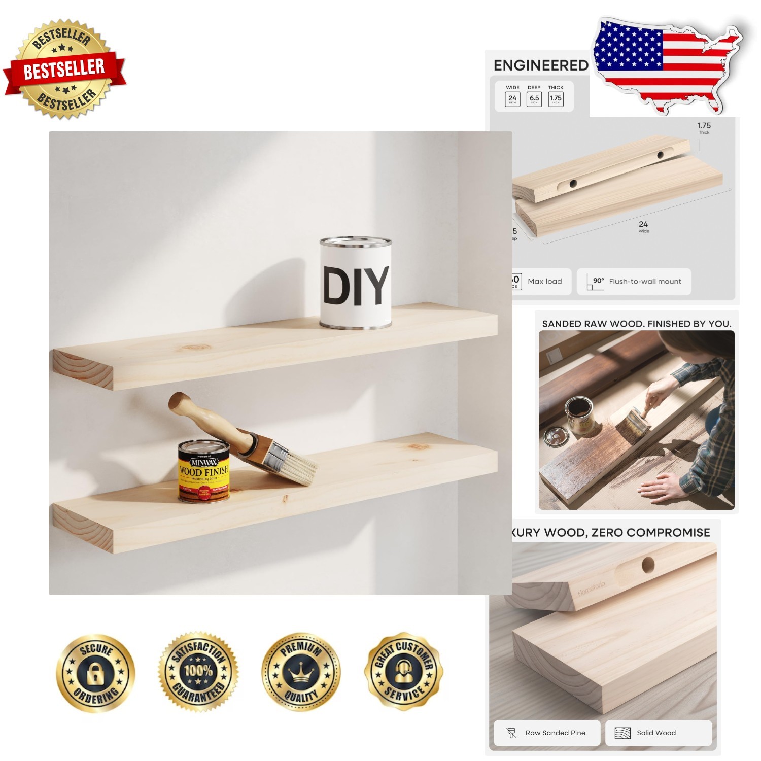 Set of 2 Modern 24″ Wood Floating Shelves 50lb Capacity Unfinished Pine