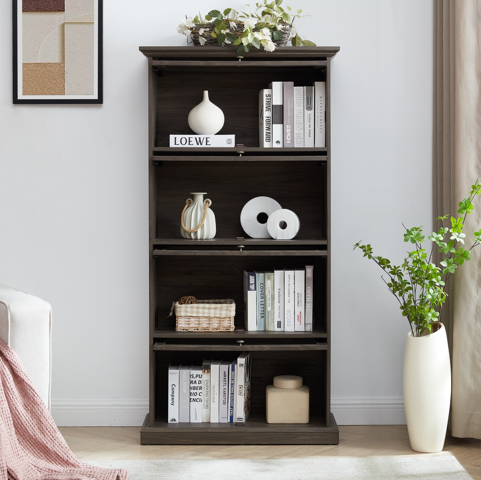 4 Tier Glass Display Cabinet Storage Curio Cabinet with Flip Up Glass Doors